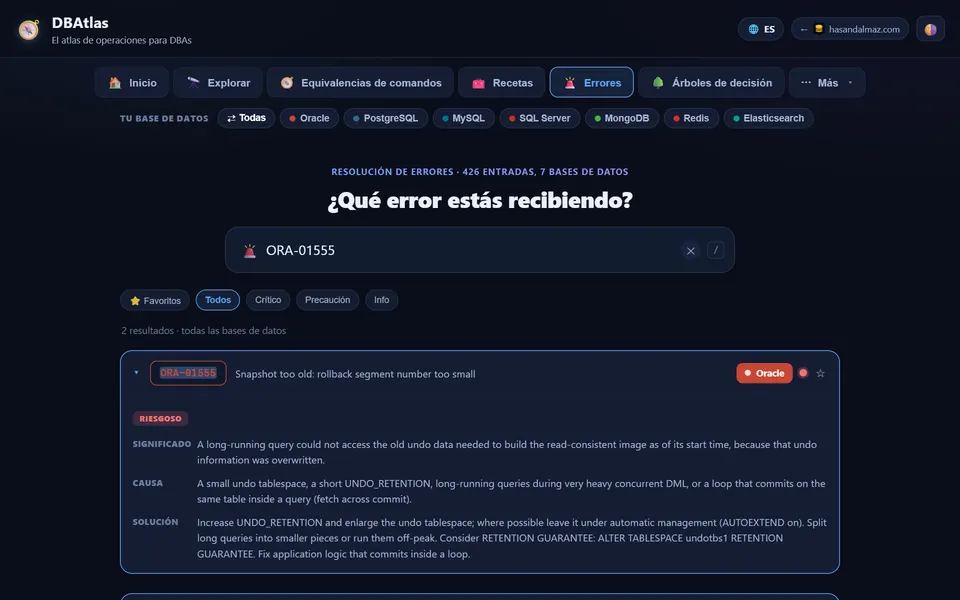 Módulo de resolución de errores de DBAtlas con ORA-01555: significado, causa y solución