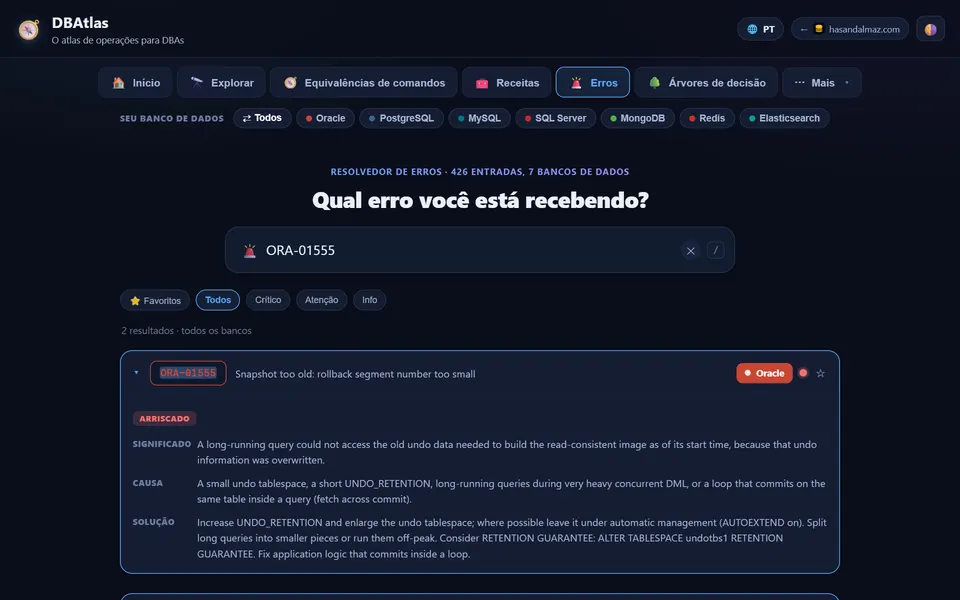 Solucionador de erros do DBAtlas exibindo ORA-01555 com significado, causa e correção